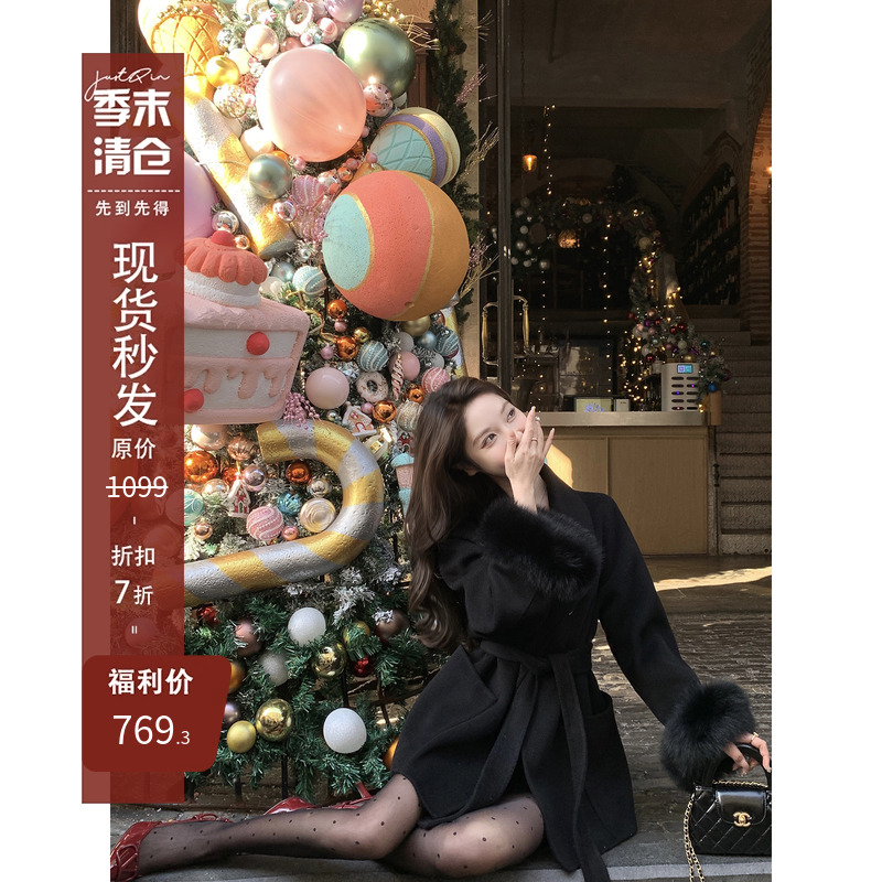 JustQin双面呢毛狐狸毛袖大衣