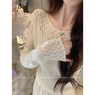 JustQin【糯糯星河】气质显瘦钉珠镂空羊毛针织衫套头毛衣女秋季