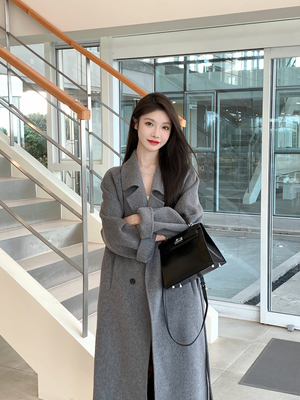 justqin灰色中长款双面呢大衣