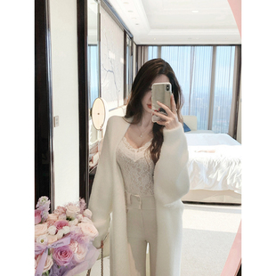 开衫 JustQin 显瘦白色针织中长款 2025新秋装 女毛毛外套 白天鹅