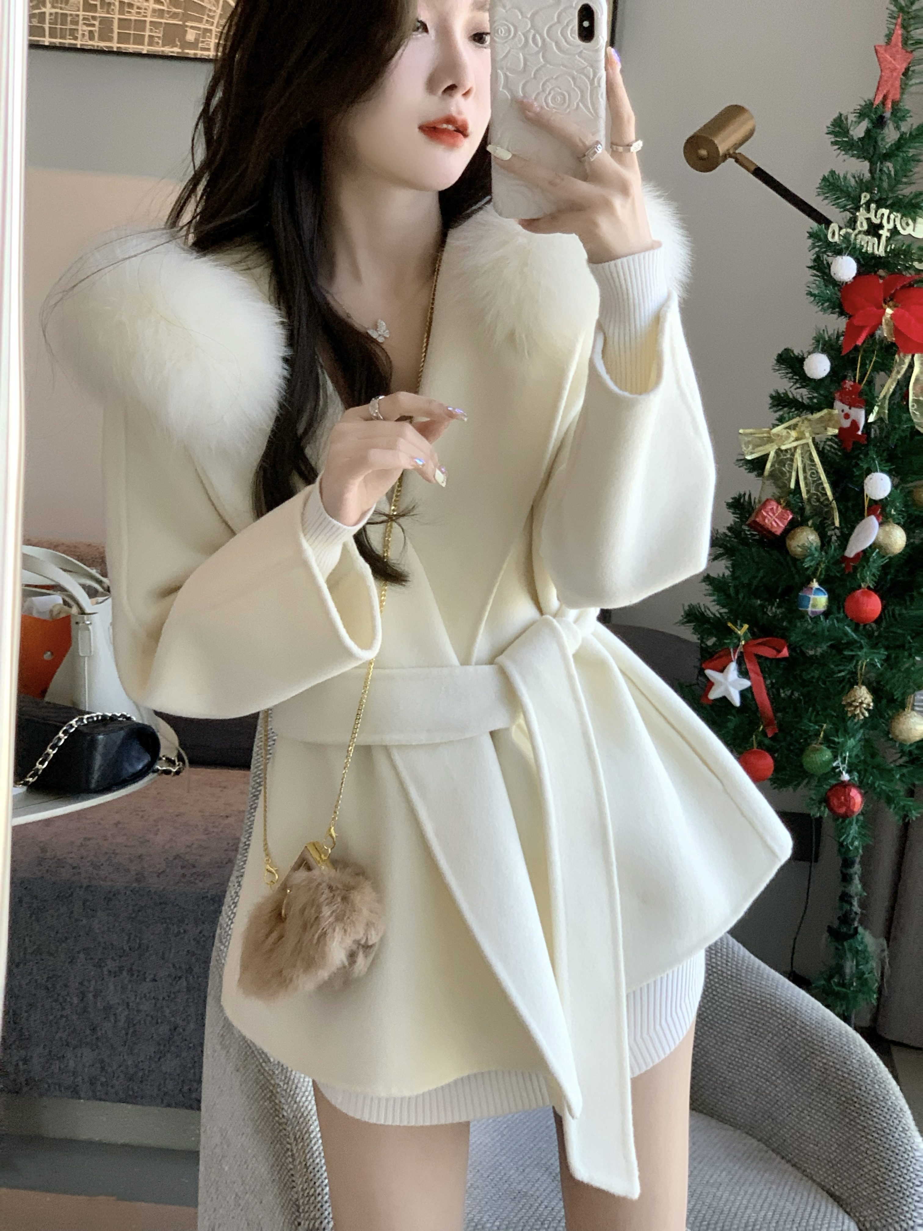 真狐狸大毛领羊毛双面呢中长款