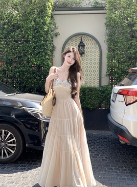 JustQin【矜贵温柔】2025夏新款气质收腰吊带裙重工镶钻连衣裙女