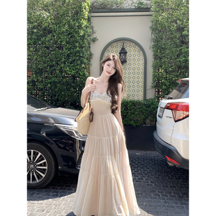 JustQin【矜贵温柔】2025夏新款气质收腰吊带裙重工镶钻连衣裙女