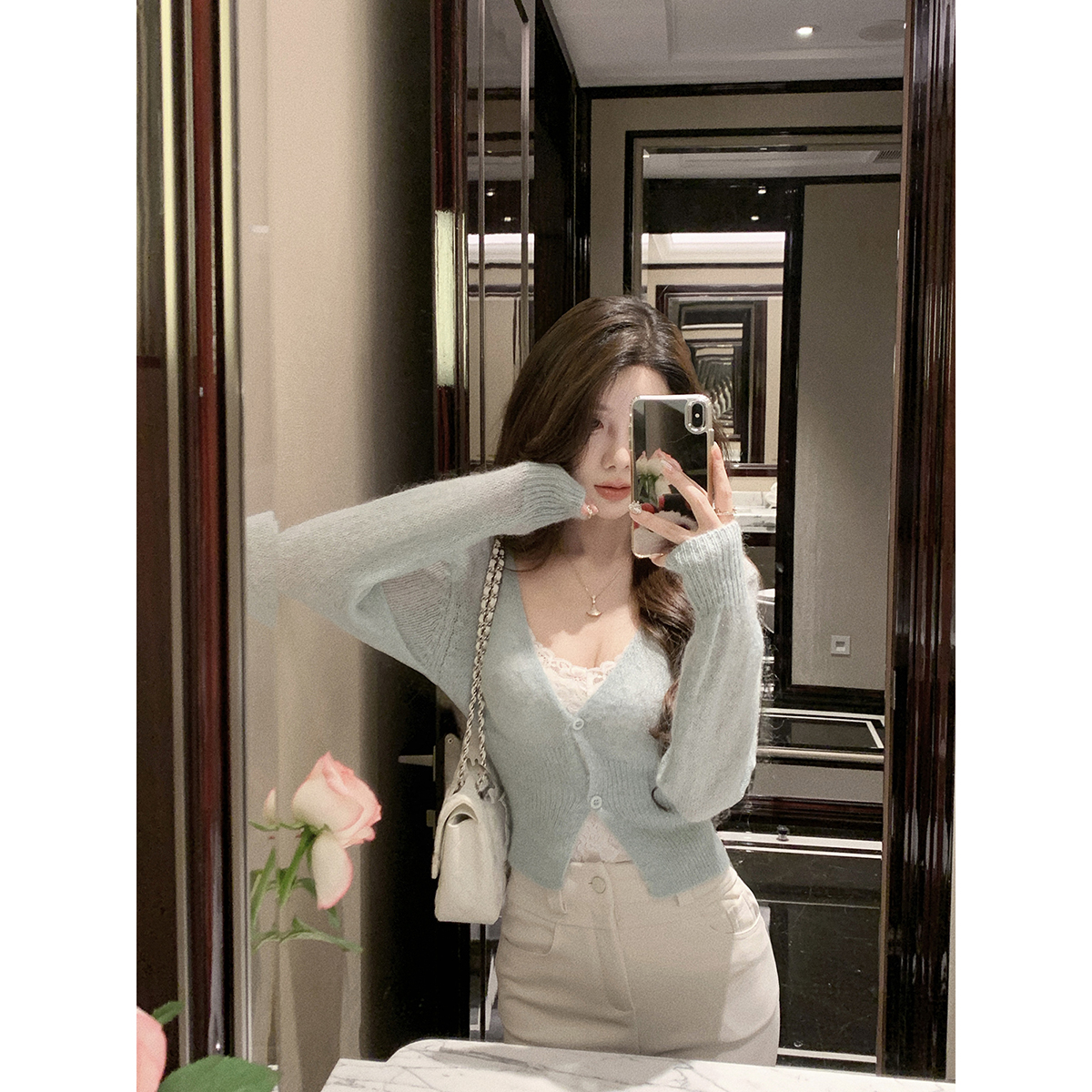 JustQin【热恋岛屿】2025新款秋装羊毛针织开衫两粒扣毛衣外套女