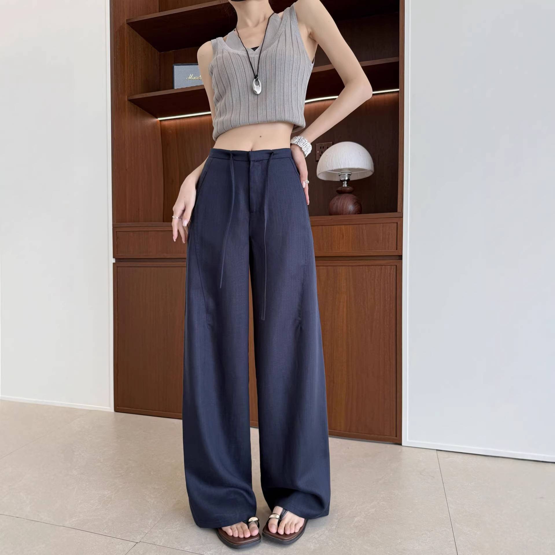 藏青色夏款女九分阔腿西装裤2026