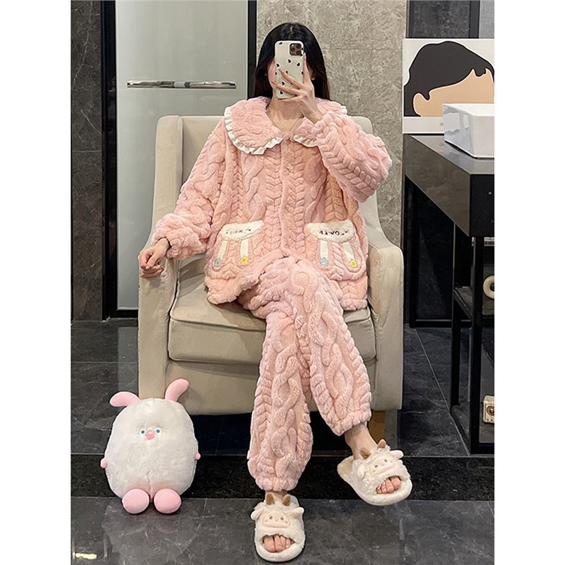 珊瑚绒睡衣女秋冬季加厚绒法兰绒卡通美乐蒂可爱娃娃领家居服套装