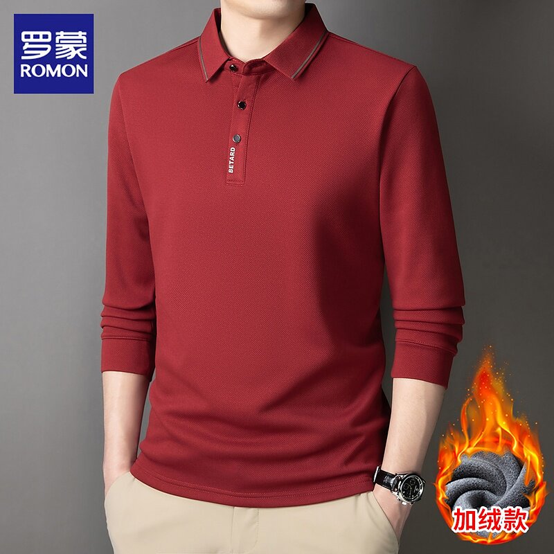 罗蒙红色t恤男士长袖冬季新款加绒打底上衣服休闲保暖Polo衫男装