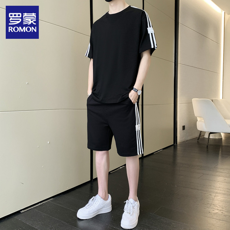 罗蒙休闲运动套装男士搭配帅气短袖t恤夏季新款潮流短裤一套男装