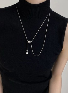 轻奢高级感小香风长款珍珠流苏抽拉项链秋冬小众设计圆球毛衣链女