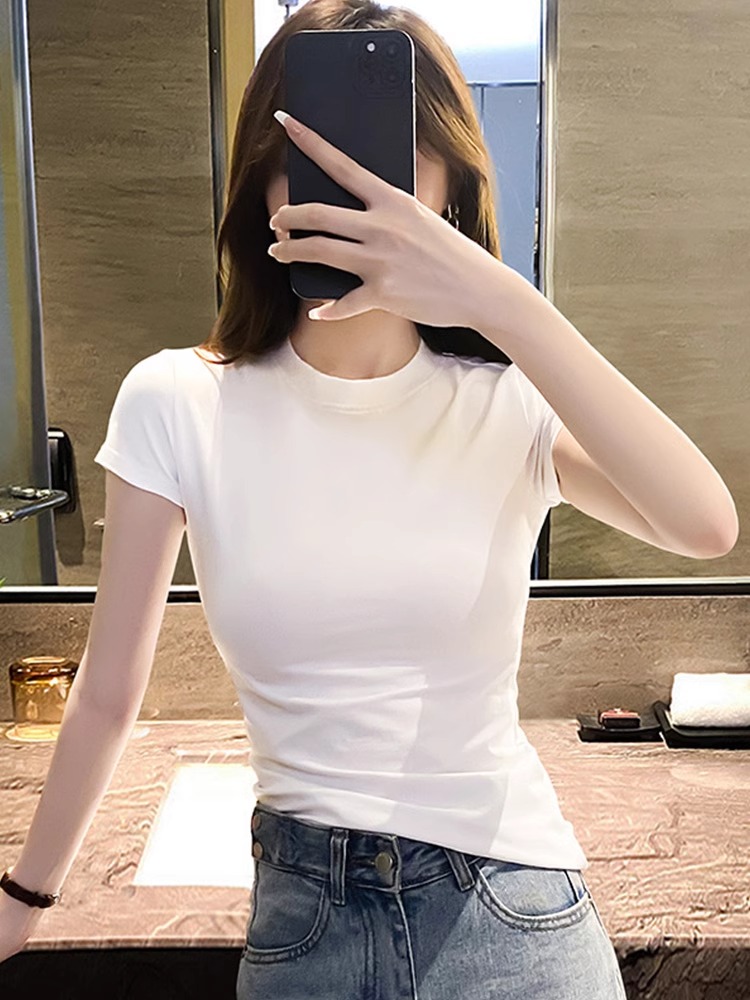 2024夏季新款半高领短袖T恤女修身显瘦高级感短款小个子白色上衣