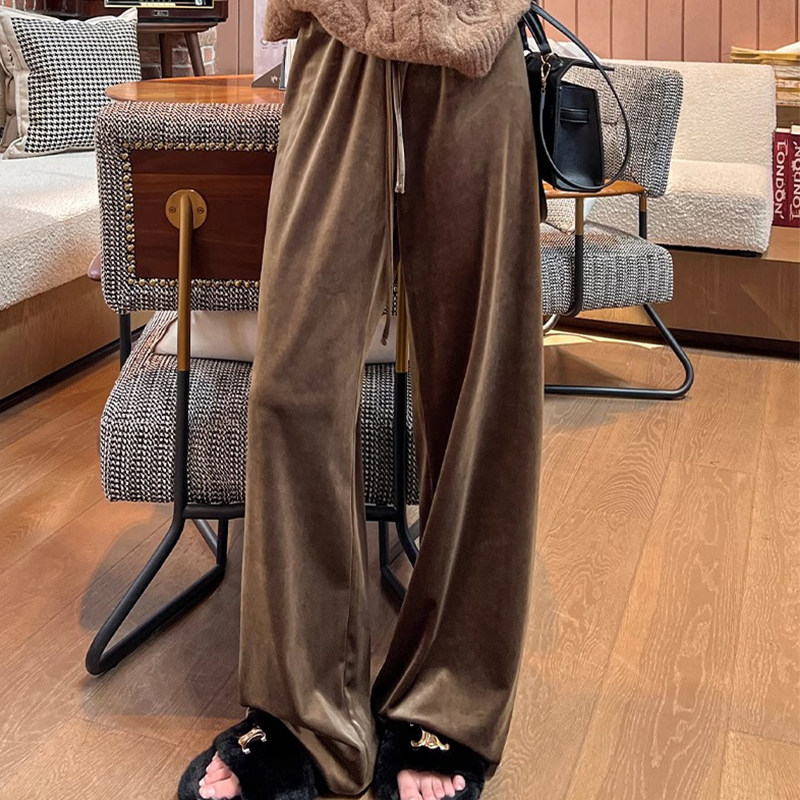 2025春秋新款金丝绒阔腿裤女高腰垂感直筒休闲 美拉德百搭拖地裤