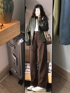 宽筒裤 2025春秋季 女士高腰褶皱覆古直筒裤 棕褐色牛仔裤 小拖地 新款