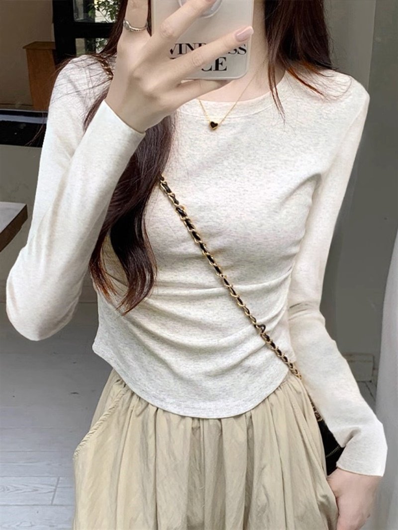 2025春季新款白色长袖T恤女高腰短款修身弧形设计感内搭打底衫,女装/女士精品,T恤,淘宝优惠券,粉丝福利购,淘宝优惠卷