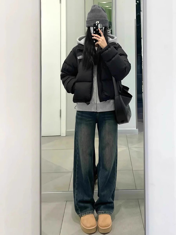 2025春秋新款高腰阔腿牛仔裤女小个子加绒保暖休闲覆古直筒裤