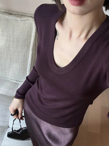 2025春秋新款U领上衣女高级感气质绝美别致修身内搭高腰正肩上衣