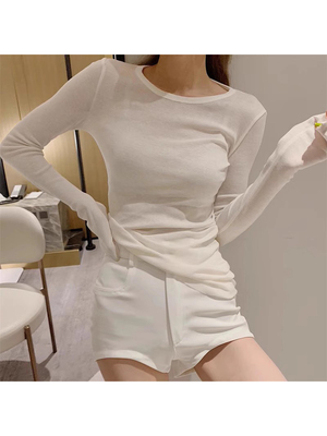 2025春秋新款白色长袖T恤女修身薄款罩衫圆领弹力百搭洋气打底衫
