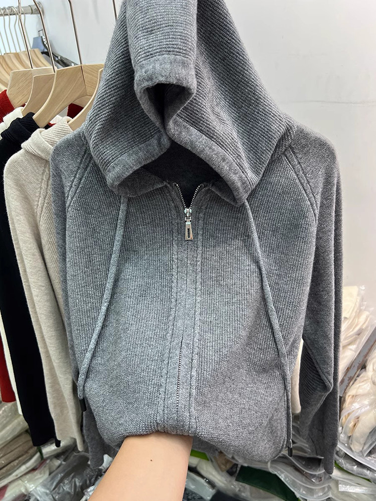 2025春秋新款连帽针织开衫外套女韩系休闲穿搭双拉炼软糯毛衣帽衫