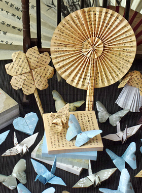 中国风千纸鹤折纸专用纸国潮印花书法汉服正方形方纸中秋幼儿园儿童小学生用diy手工复古风扇子礼物折叠材料