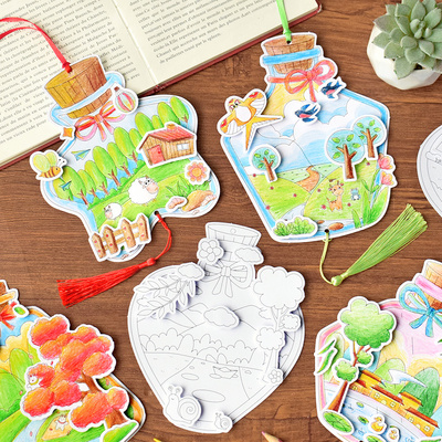 瓶子里的世界3d立体填色卡片纸小学生用出游手抄报书签老师布置手工作业制作涂鸦手绘线稿纸diy模板ins材料包