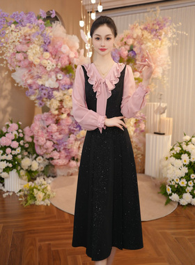 法式撞色荷叶花边假两件背带连衣裙女2025新款秋季裙子OHDRI09006