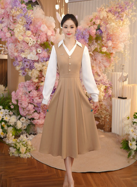 卡其色假两件连衣裙长裙2025秋季新款大方得体绝美裙子OHDRI08062