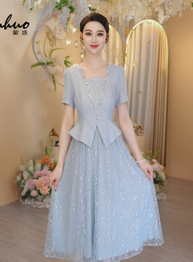 女装2025新款今年流行爆款夏季蓝色假两件气质连衣裙OHDRI06072