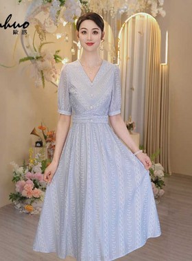 2025初夏穿搭蓝色重工连衣裙女短袖收腰独特绝美裙子OHDRI05051