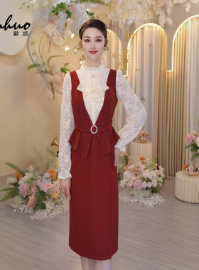 红色长袖假两件长袖背心连衣裙女2025新款秋冬法式裙子OHDRI11053