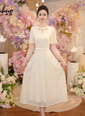 法式气质刺绣夏季连衣裙女2025短袖收腰独特好看裙子OHDRI05017