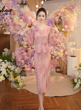粉色立体花长袖连衣裙女装2025新款早秋穿搭假两件裙子OHDRI08016