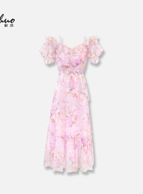 粉色碎花连衣裙女夏季收腰显瘦设计感一字肩吊带长裙子OHVSH05112
