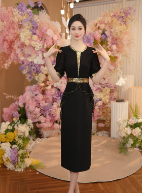 黑色宴会连衣裙夏女2025新款轻奢礼服重要场合绝美裙子OHDRI05088