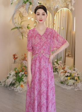 2025新款夏季短袖玫红色波西米亚风连衣裙女度假风裙子OHDRI03083