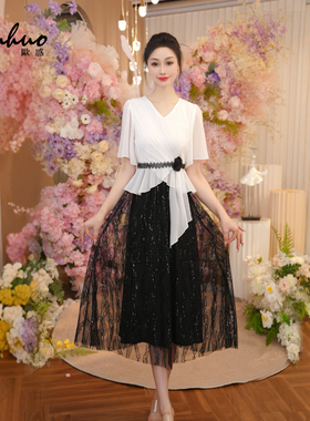 法式假两件设计师精致连衣裙女2025新款夏显瘦收腰裙子OHDRI05131