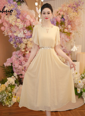 法式不规则收腰短袖连衣裙女2025夏季新款温柔大方裙子OHDRI05112