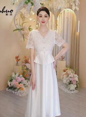 法式复古缎面白色连衣裙女2025新款夏季假两件通勤裙子OHDRI03187