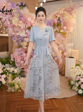 假两件亮片短袖收腰连衣裙女2025夏季轻奢花朵拼接裙子OHDRI07029