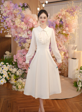 2025新款秋季流行风格法式白色长袖连衣裙女中长款裙子OHDRI08068