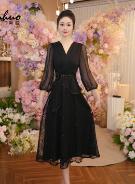 黑色修身显瘦连衣裙女装2025新款夏天丝假两件花边裙子OHDRI07051