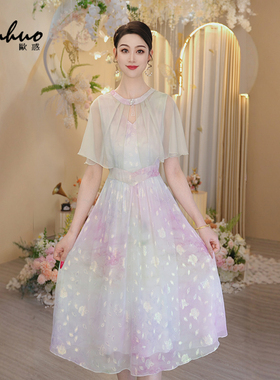 高级感碎花披肩薄纱连衣裙女2025初夏穿搭短袖收腰裙子OHDRI04093