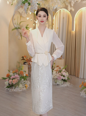 法式长袖西装领气质连衣裙女2025秋季流行风格拼接裙子OHDRI08058