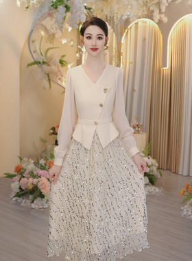 法式亮片假两件连衣裙长裙女2025新款秋款穿搭收腰裙子OHDRI07131