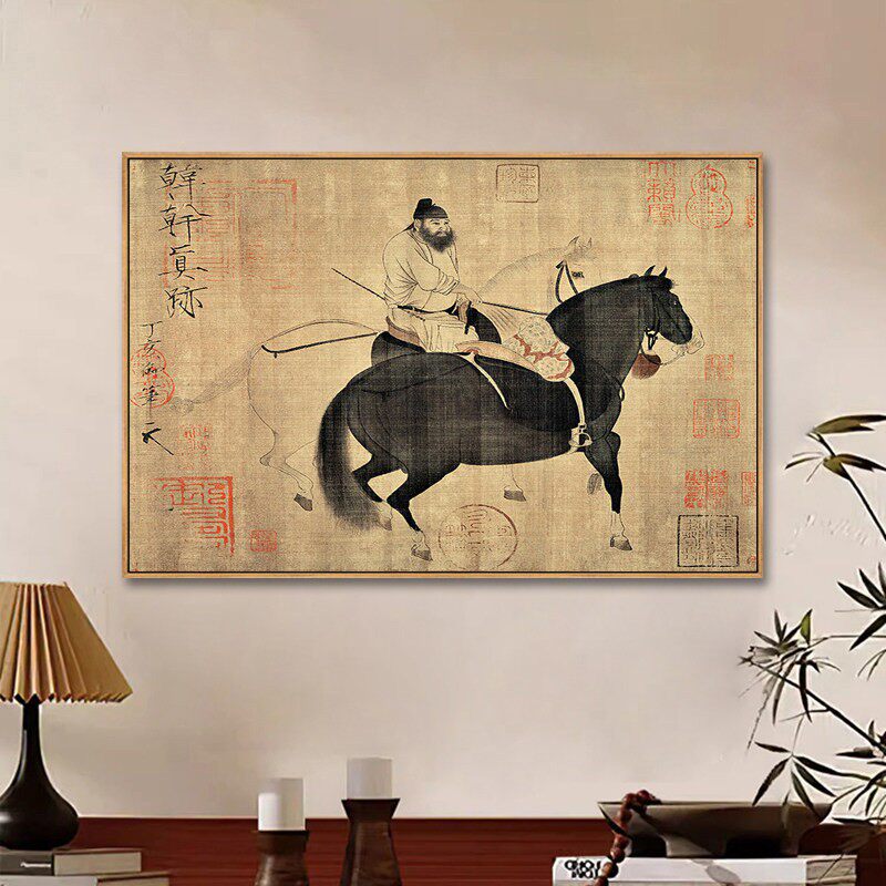 唐代韩干牧马图古画新中式书房装饰画茶室走廊壁画仿古挂画中古风