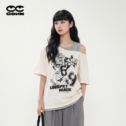 CONKLAB假两件斜肩露肩T恤女