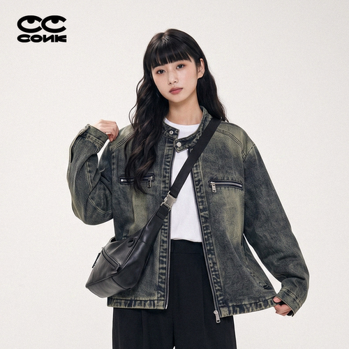 做旧立领牛仔短外套女小个子