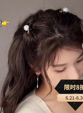 2个复古黑色蝴蝶结珍珠发夹女侧