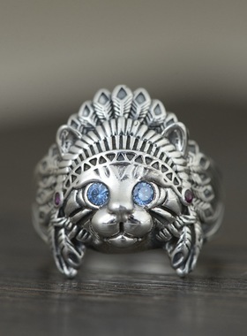 金鹿王S925银复古猫戒指女款泰银开口可爱卡通银饰品夸张指环戒子