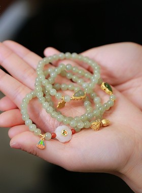 小众设计6mm和田玉圆珠单圈手链 碧玉葫芦搭吉福虎头吊坠手饰女
