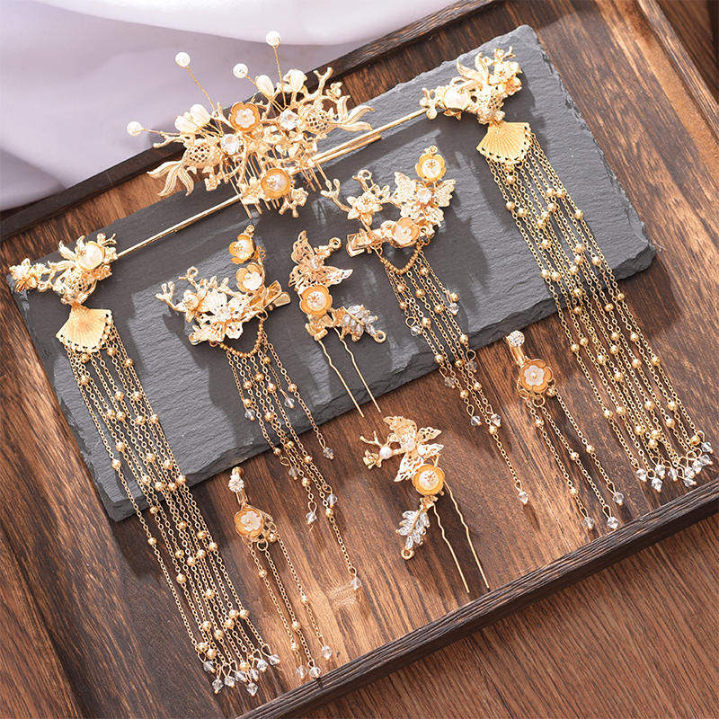 金色凤冠结婚头发装饰头饰品古代首饰禾服敬酒服发冠风新娘步摇中