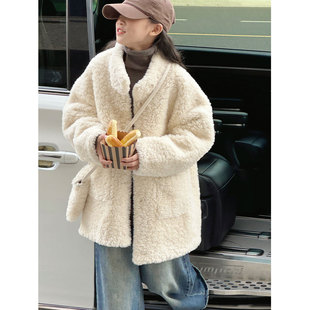 PAUL童装 皮毛一体女童中长款外套2026新款秋冬装儿童加厚毛毛衣